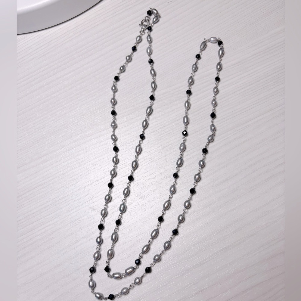 Sterling Silver Freshwater Pearl and Black Beaded Necklace
